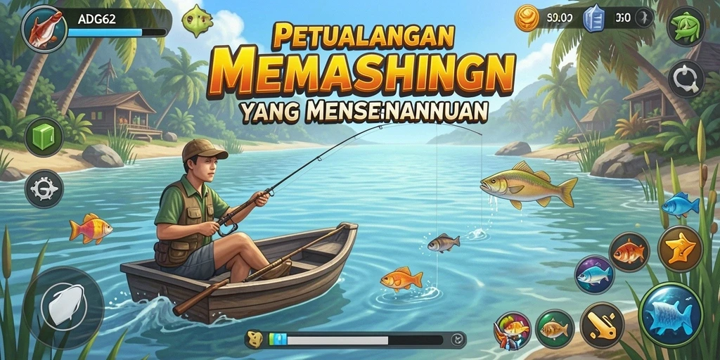 Screenshot gameplay ADG62 menampilkan momen seru saat memancing di lokasi yang indah.