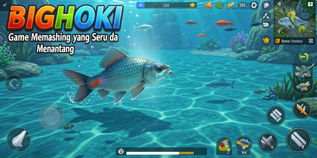 Tangkapan layar gameplay BIGHOKI yang menunjukkan pengalaman memancing yang seru.
