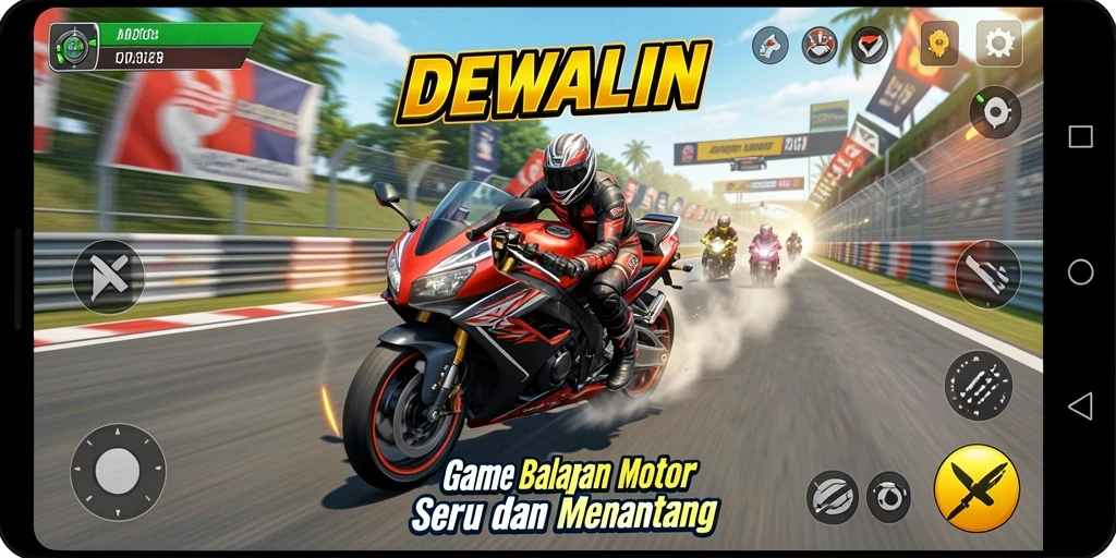 Tampilan gameplay menegangkan dalam DEWALIN saat balapan motor.