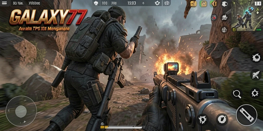 Tampilan gameplay <strong>GALAXY77</strong> dalam pertempuran luar angkasa.