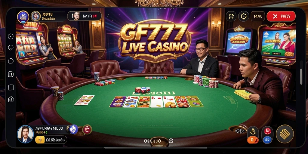 Screenshot gameplay Live Casino dari GF777 dengan interaksi dealer langsung.