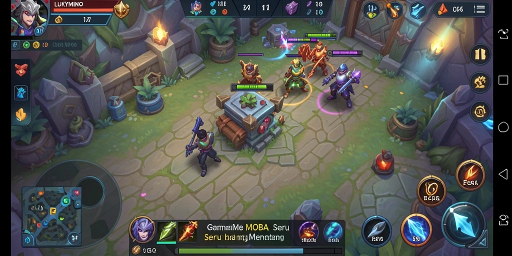 Tampilan gameplay seru dari LUKYMINO dengan aksi pertempuran MOBA.