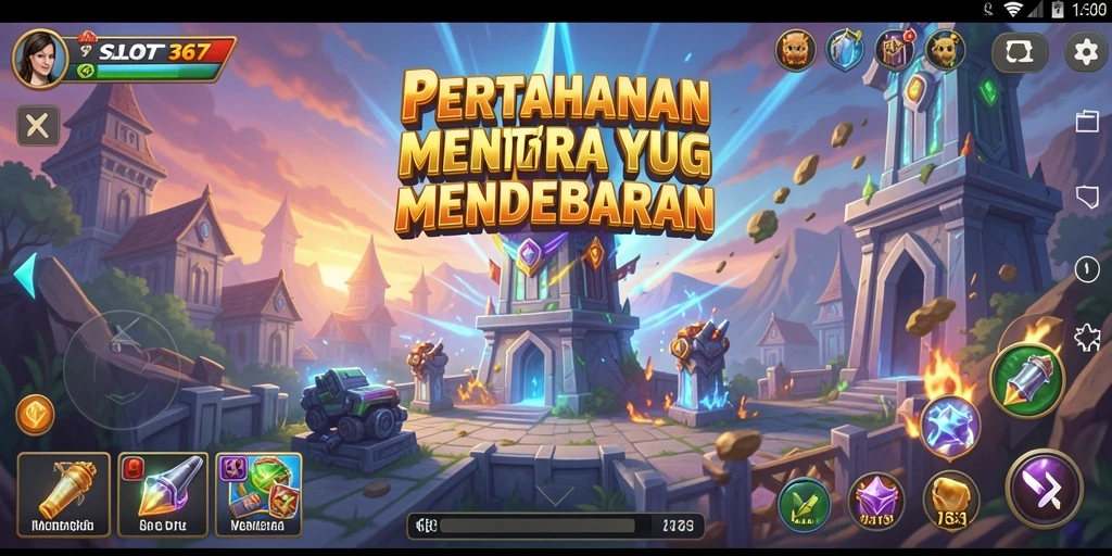 Tampilan gameplay SLOT367 dengan menara yang siap bertempur.