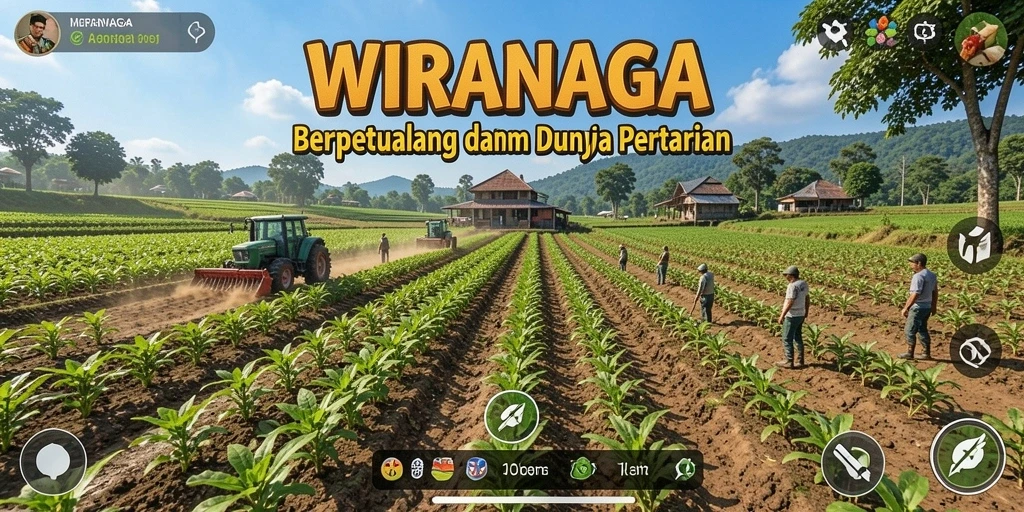 Screenshot WIRANAGA menunjukkan suasana asri pertanian dengan aktivitas berkebun.