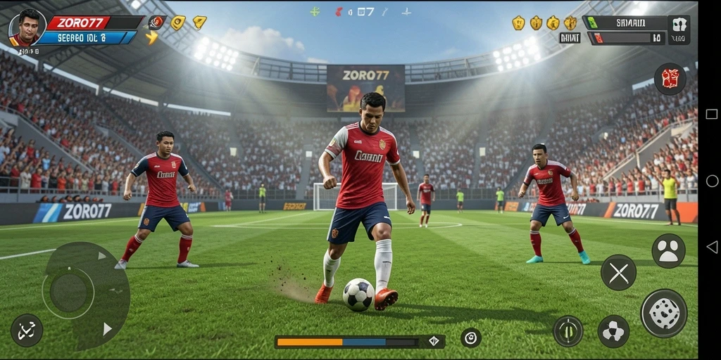 Screenshot utama ZORO77 menampilkan aksi seru di lapangan sepak bola.